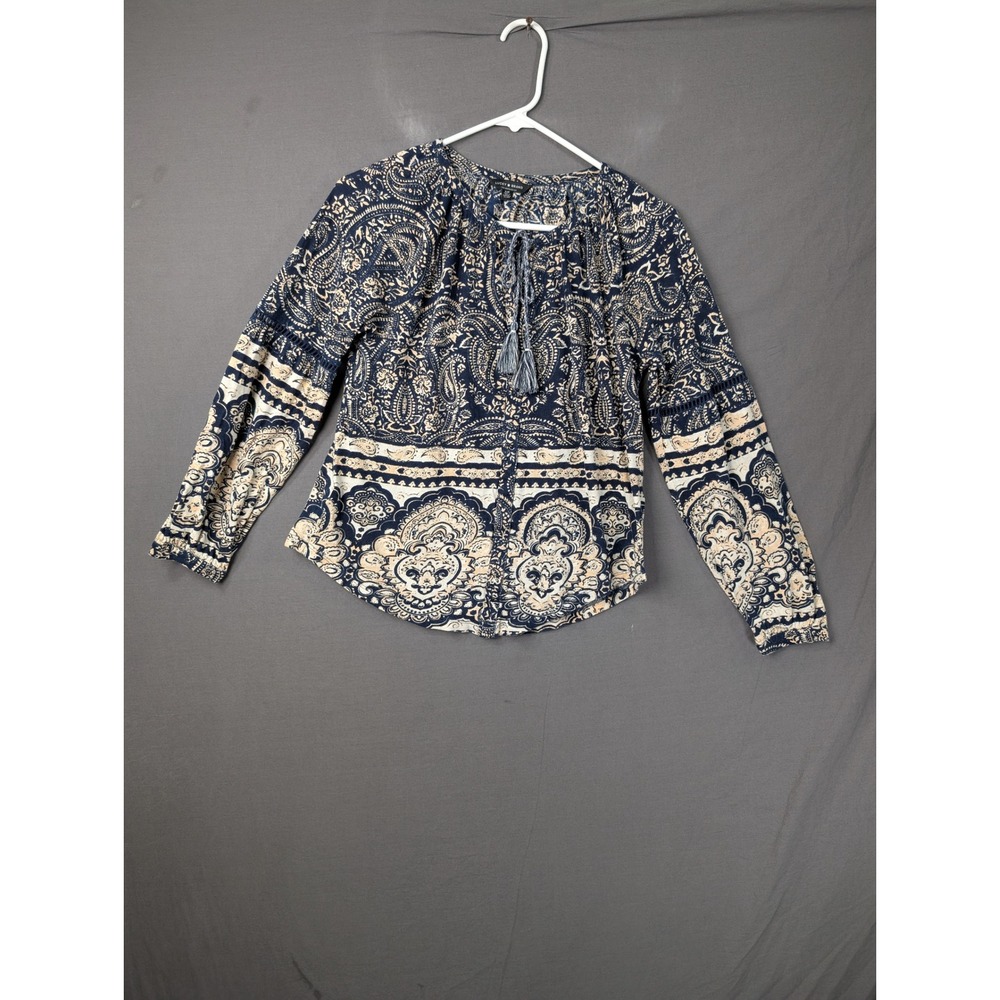 Lucky Brand Blue Paisley Print Tassel Tie Long Sleeve Peasant Top Small